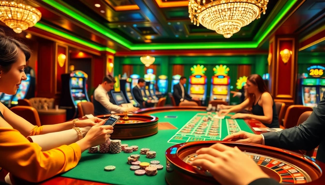 Excited players engaging with 888now's vibrant casino table and digital interface.