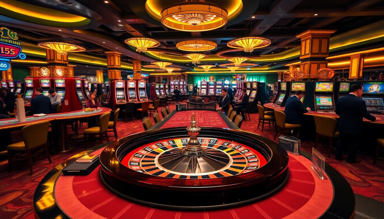 Players enjoying a thrilling game at MMOO's luxurious casino, featuring roulette tables and poker action.