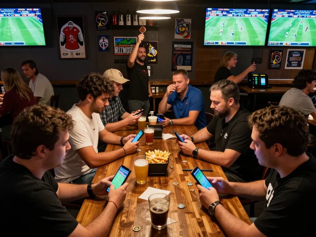 TR88 players excitedly strategizing their bets at a sports bar during live matches
