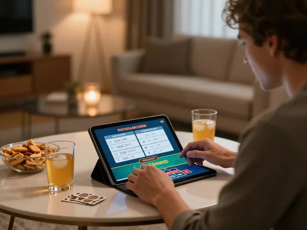 KP88 online gaming experience with a player using a tablet in a cozy home setting, displaying a live dealer game