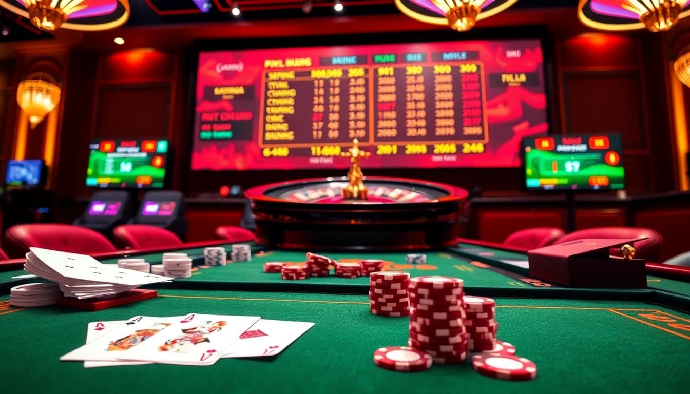 Showcasing vibrant tỷ lệ kèo action at a casino table with cards and odds display.