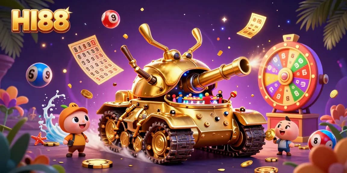 Bet on HI88 with action-packed colorful casino elements in a dynamic 3D scene.