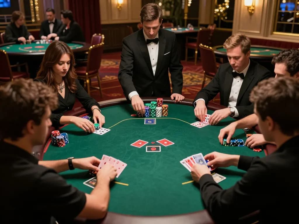 Các tay chơi tham gia một ván bài poker căng thẳng tại một casino sang trọng, thể hiện trải nghiệm chơi game Link 12bet