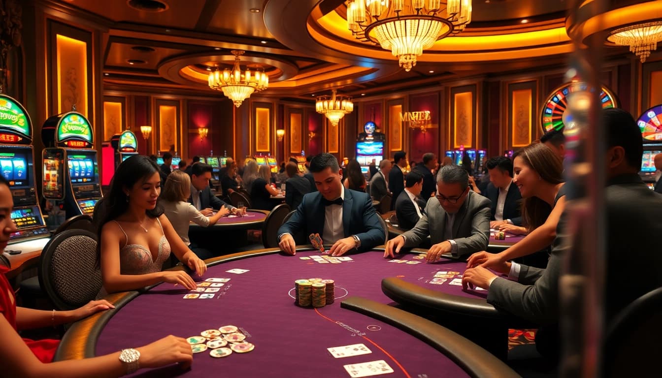 M98 poker players compete at a luxurious casino table with vibrant chips and cards.