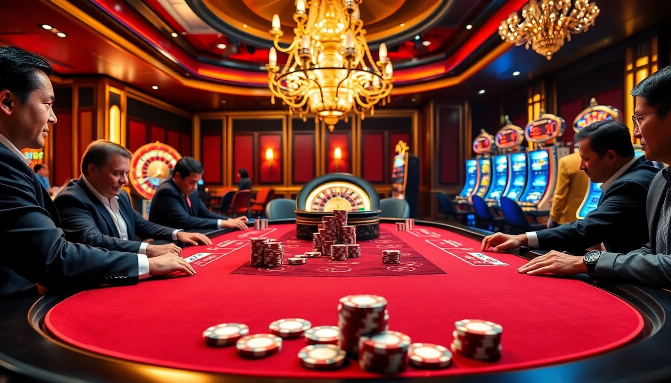 View vibrant casino atmosphere with poker elements and luxury, showcasing https://ok8386.autos/ experience.
