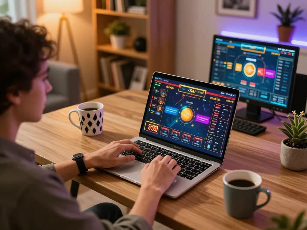 Person engaging in 7M online casino gaming on laptop, showcasing dynamic betting experience in a cozy home.