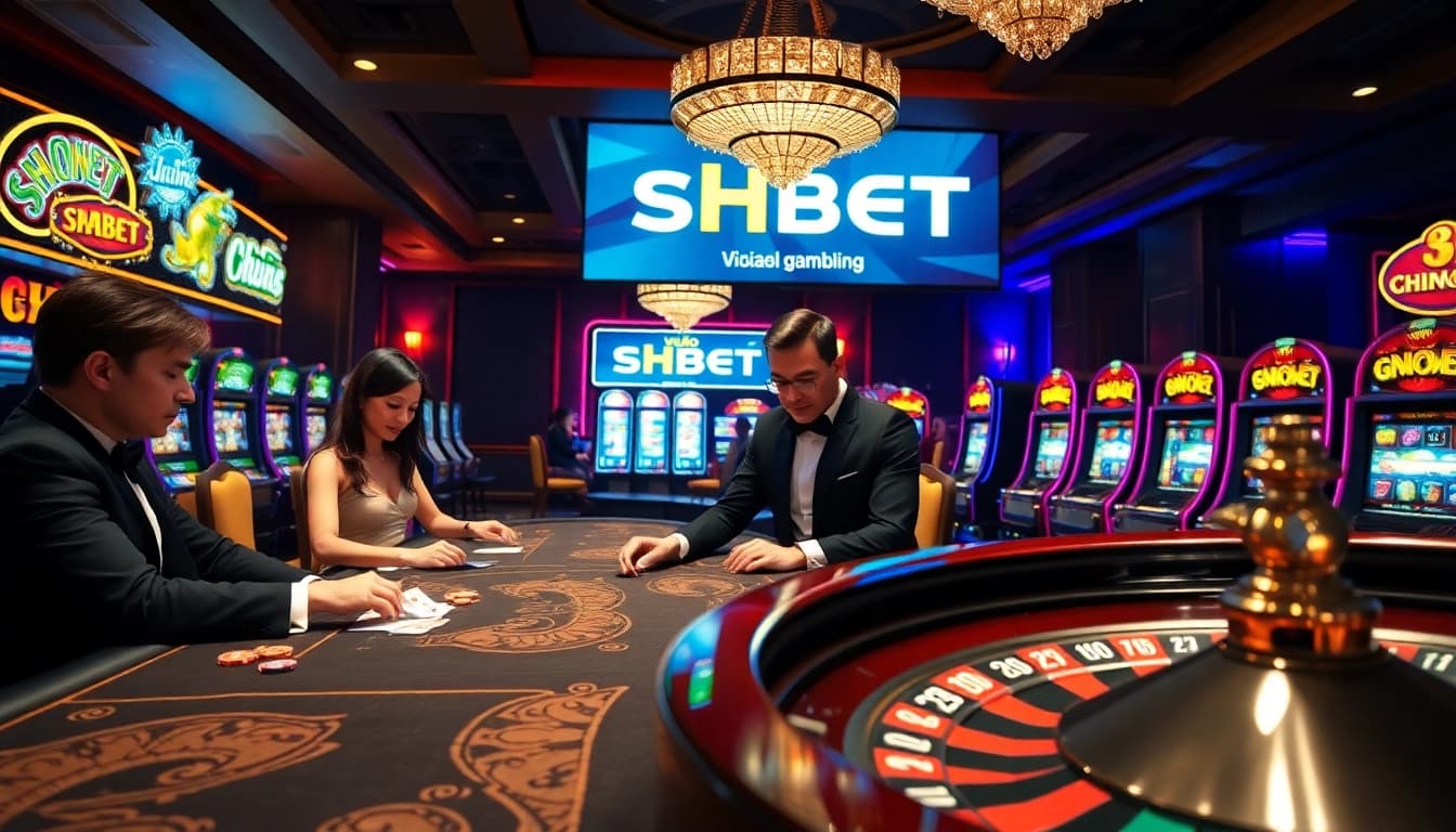 Experience the excitement at SHBET mới nhất casino, featuring players engaging in blackjack and roulette.