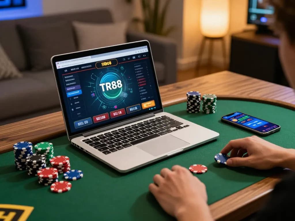 Player enjoying TR88 online casino experience on laptop amidst poker chips and smartphone in cozy room.