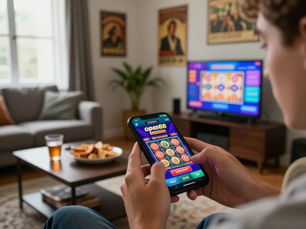 Engaging with the open88 mobile app for lively online gaming experience at home.