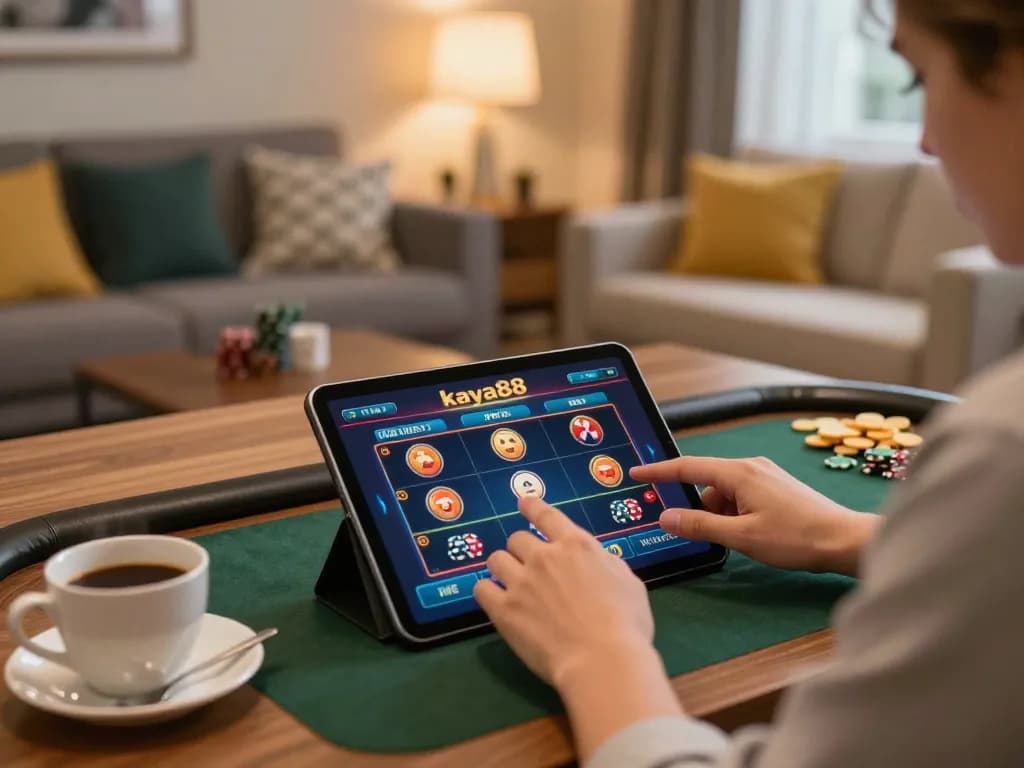 Kaya88 gaming experience with online casino interface on tablet, showcasing engaging gameplay at home.