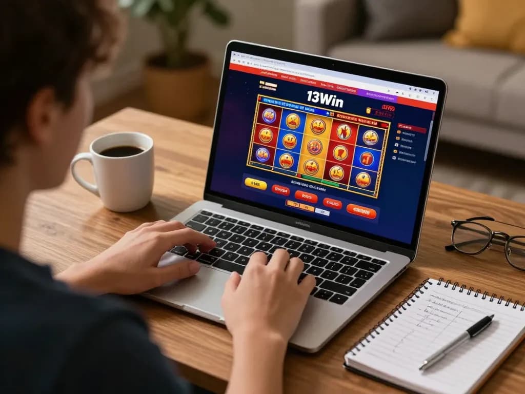 Engaging player enjoying online casino experience on 13Win, showcasing gaming interface and strategic notes.