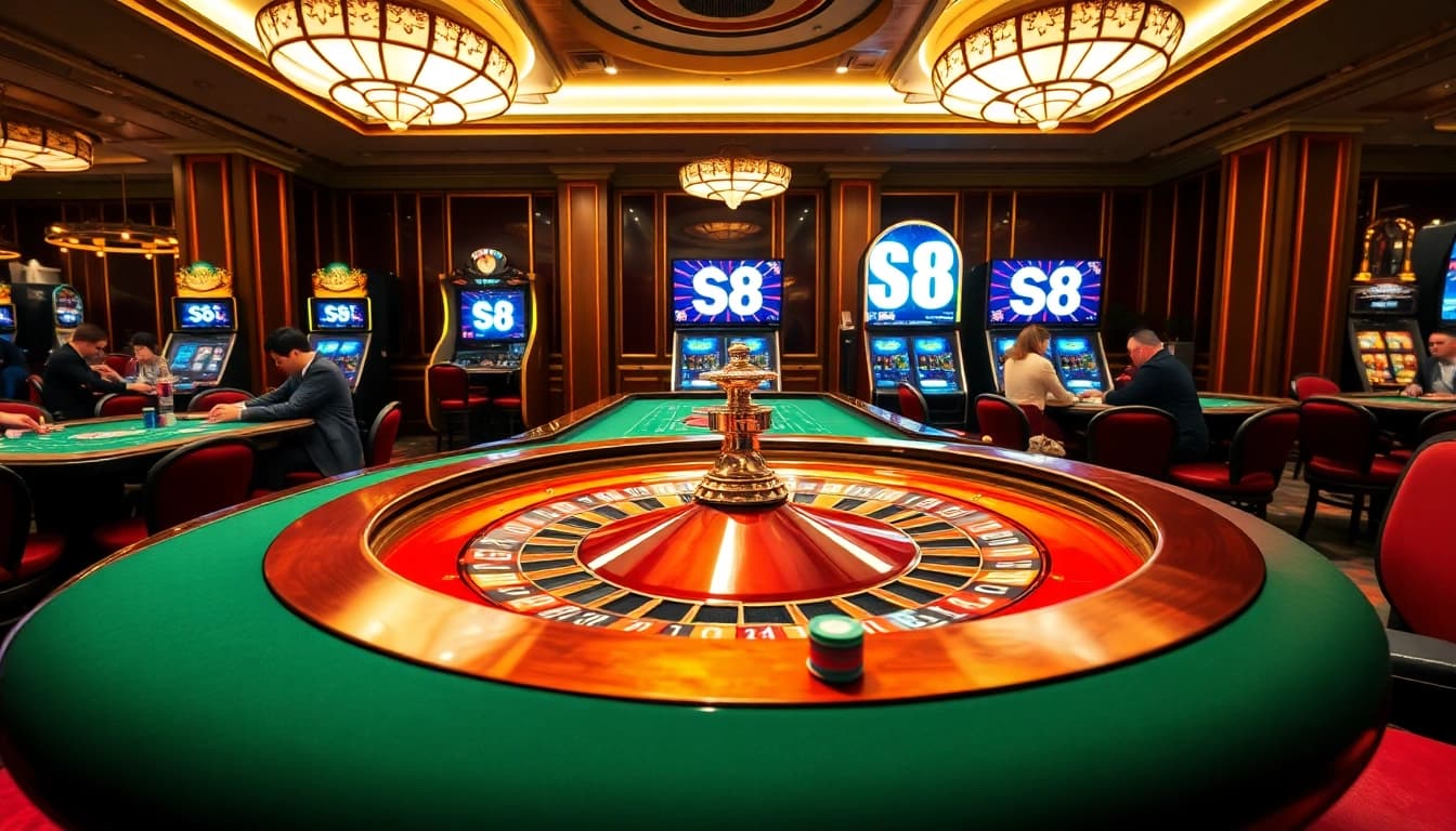 S8 casino players engaging in thrilling game action at elegant tables.