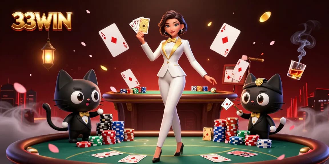 33WIN showcases a glamorous woman shuffling cards beside a tuxedo cat at a vibrant, dynamic casino scene.