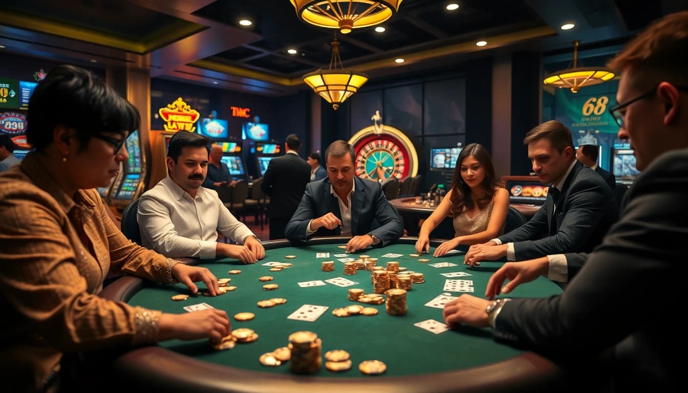 A group of players enjoying a high-stakes poker game at the elegant 68VIP casino table.