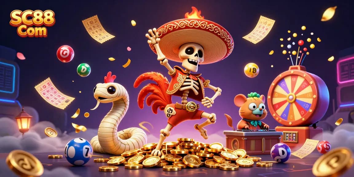 Win big with SC88 Com, featuring a dynamic scene of vibrant casino elements.
