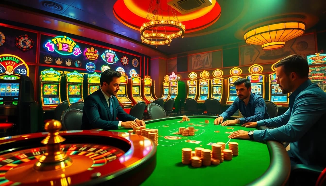 Experience thrilling gambling action at https://tr88.work/ with a vibrant casino scene featuring poker tables and slot machines.