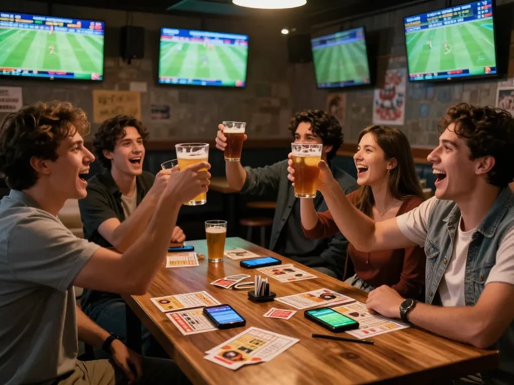 Fans cheering in a sports bar while tracking kết quả bóng đá, enjoying the live betting experience with excitement.