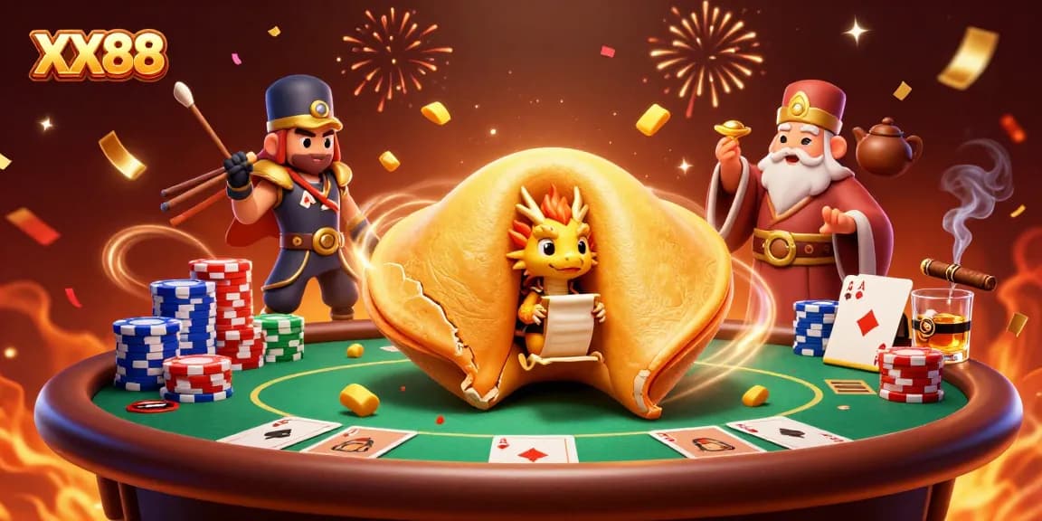 Experience the thrill of XX88 with a golden fortune cookie and casino elements in a vibrant scene.