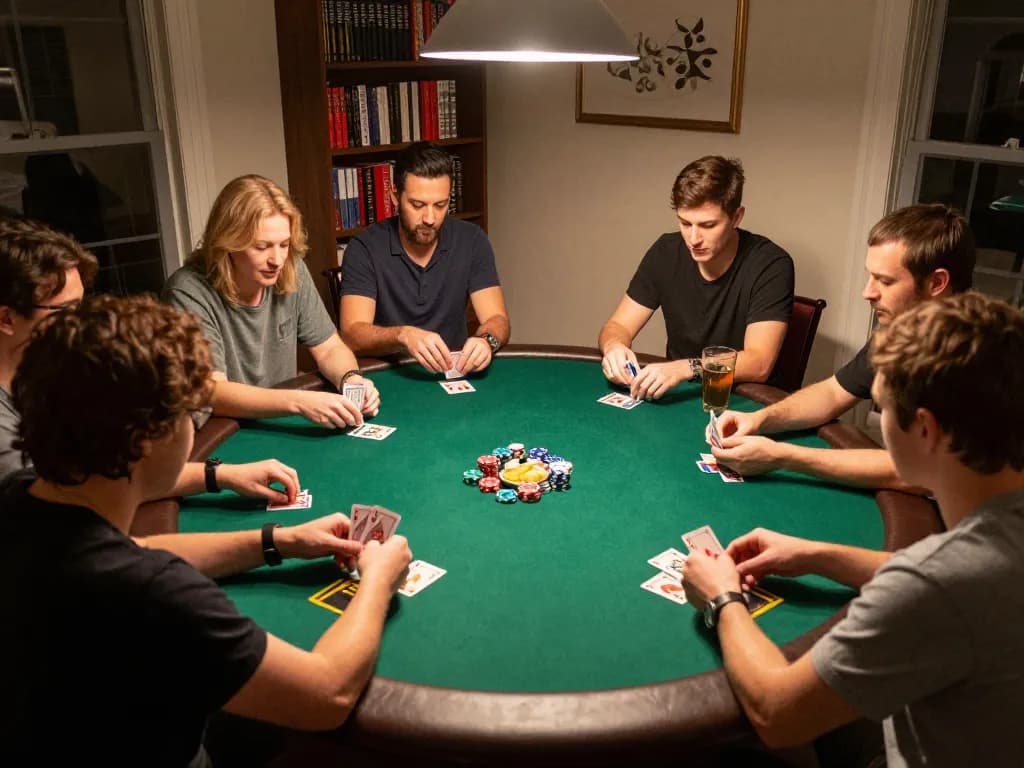 Friends enjoying a game night while playing poker and betting on win68 platform with enthusiasm.