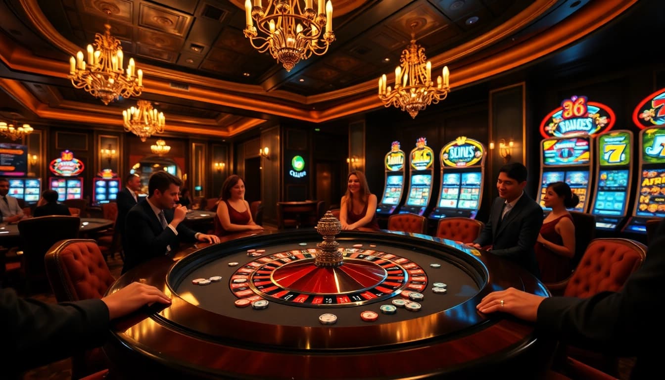 Experience thrilling gameplay at https://okfun.guru/ with luxurious casino scenes showcasing roulette and vibrant slot machines.