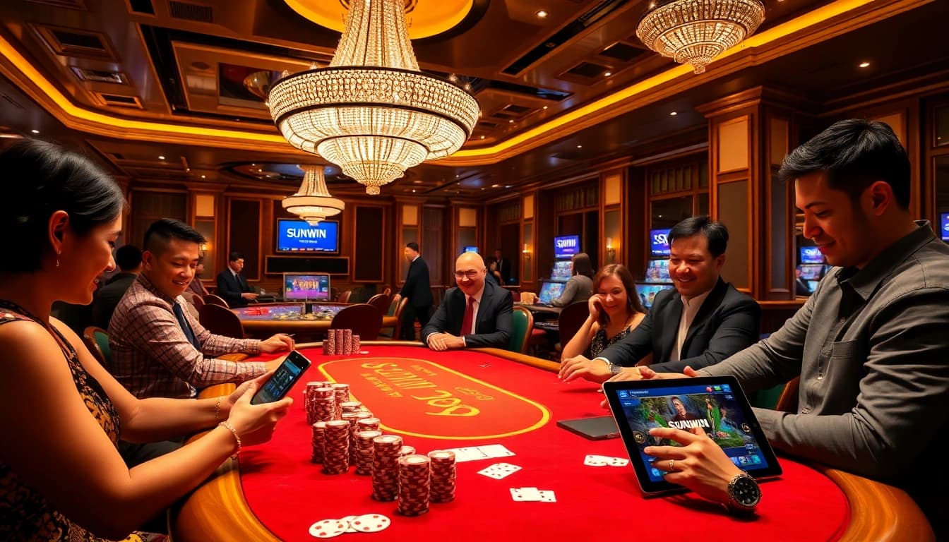 SUNWIN gaming table bustling with excitement, showcasing professional gamblers engaged in thrilling gameplay.