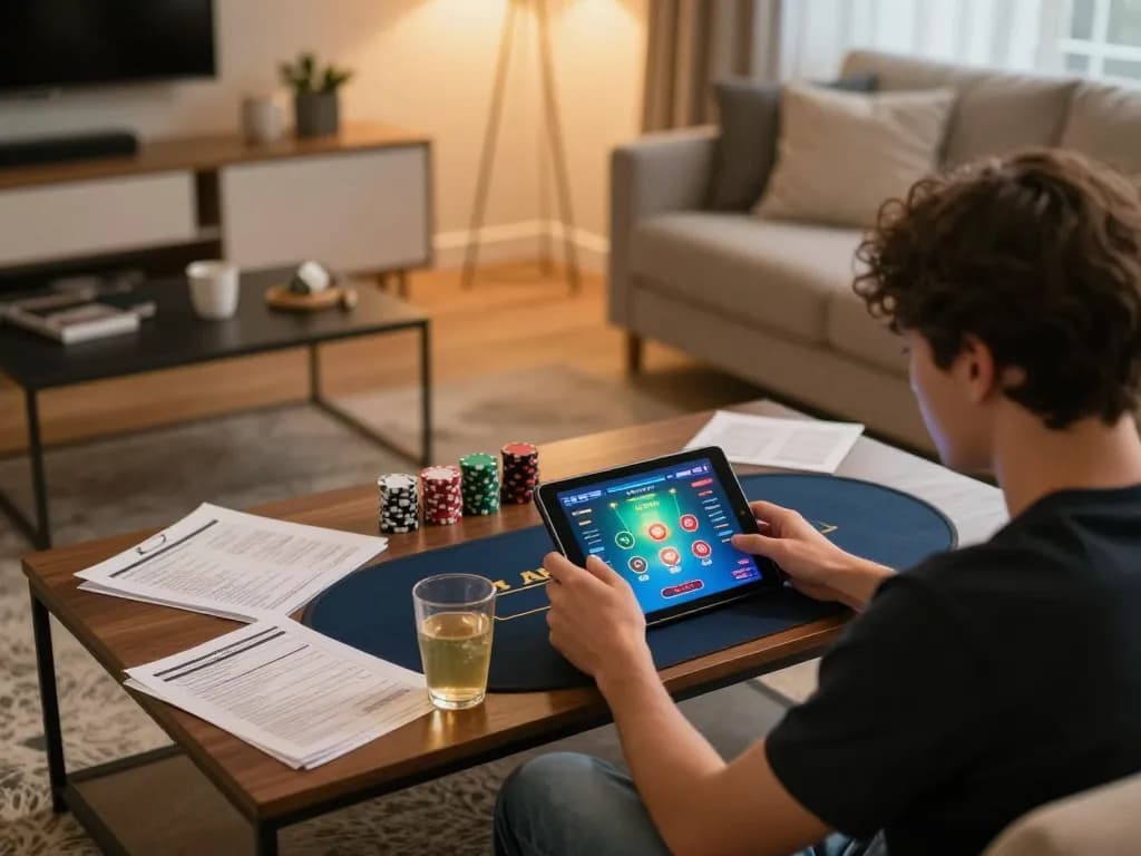 A player engages in online poker at home using alo8, surrounded by strategy notes and cozy decor.