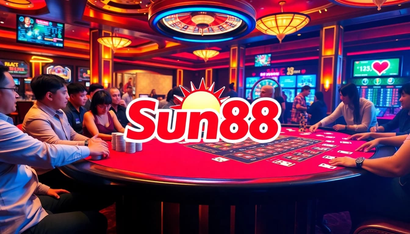Players enjoying a thrilling poker game at Sun88 casino, surrounded by vibrant gaming atmosphere.