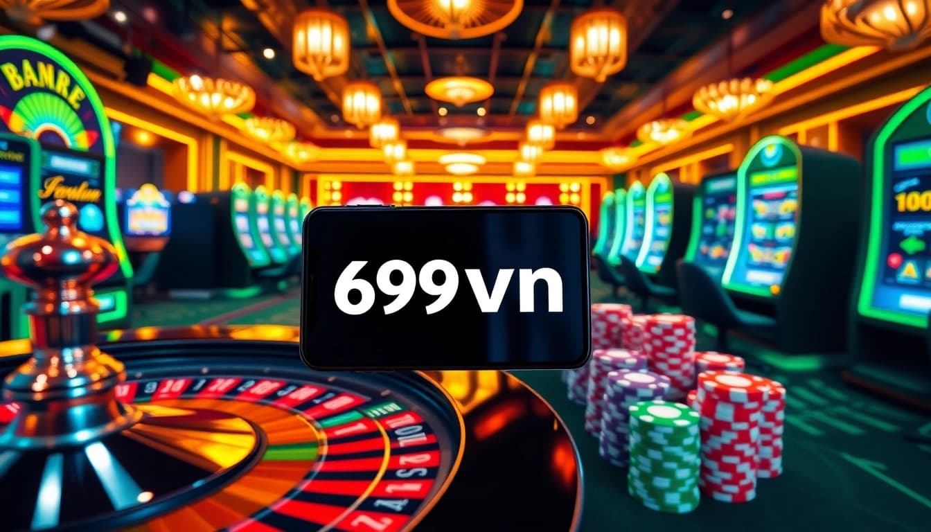 Excited players winning at 69vn casino with colorful chips and modern slot machines.