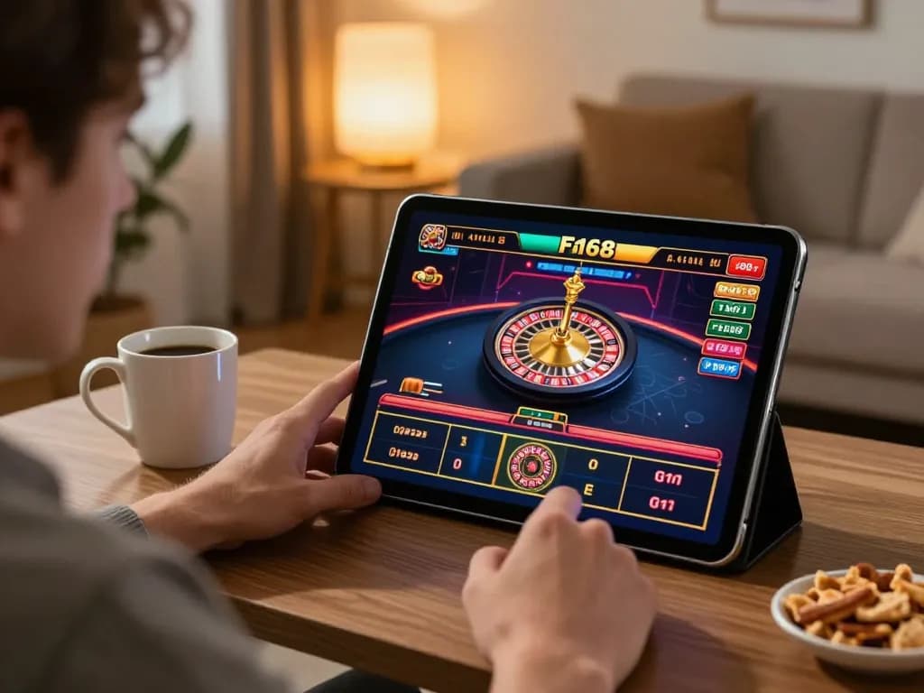 Player enjoying F168 online casino gaming on a tablet with roulette wheel visible, home gaming atmosphere.