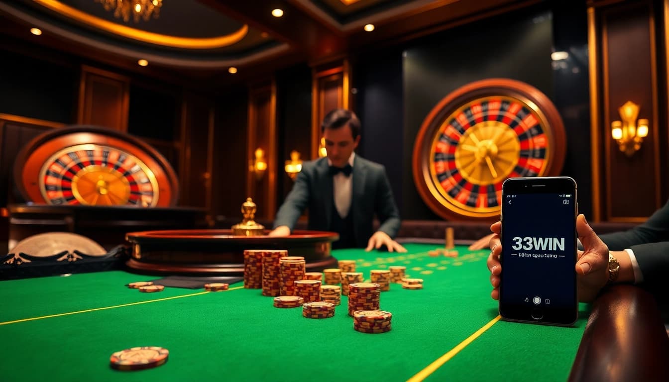 Engaging players enjoy high-stakes poker at a 33WIN casino table, surrounded by vibrant chips.