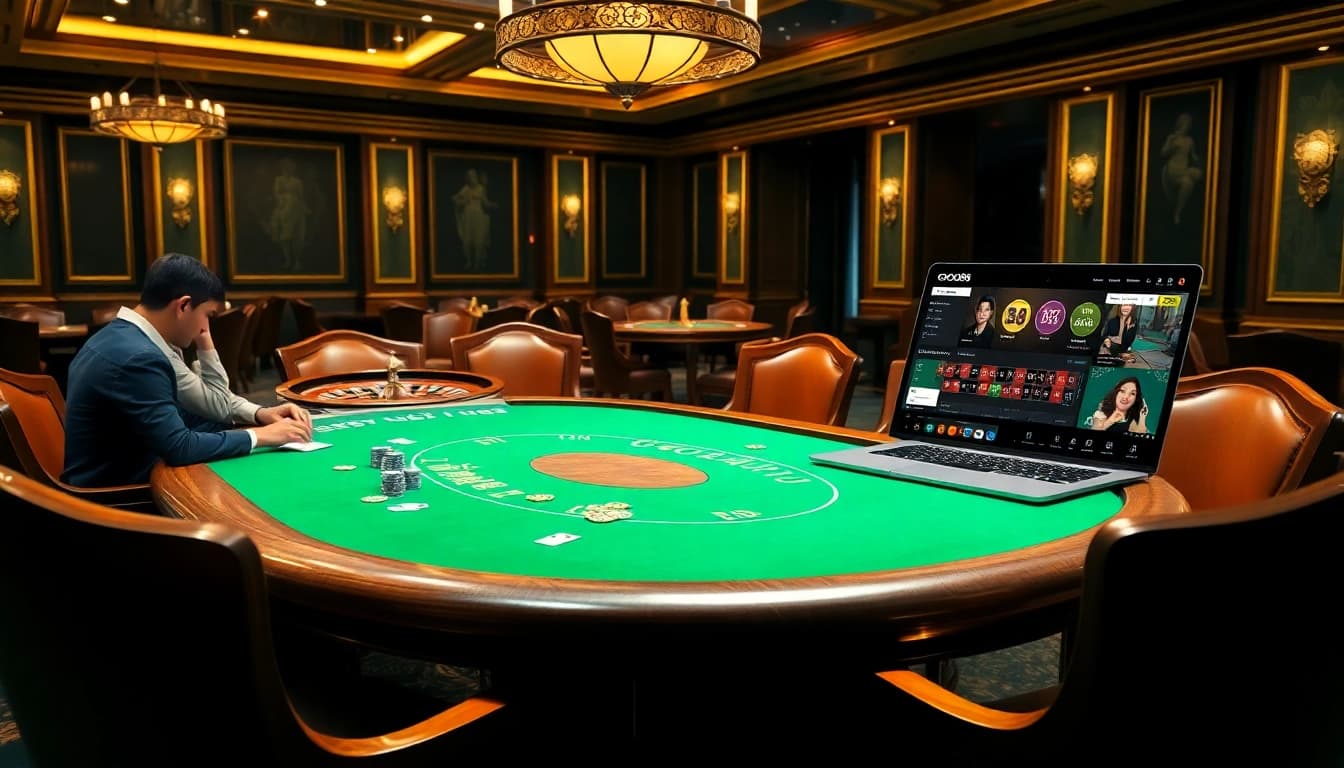 Winning at GOOD88 with poker chips and cards on a luxurious casino table.