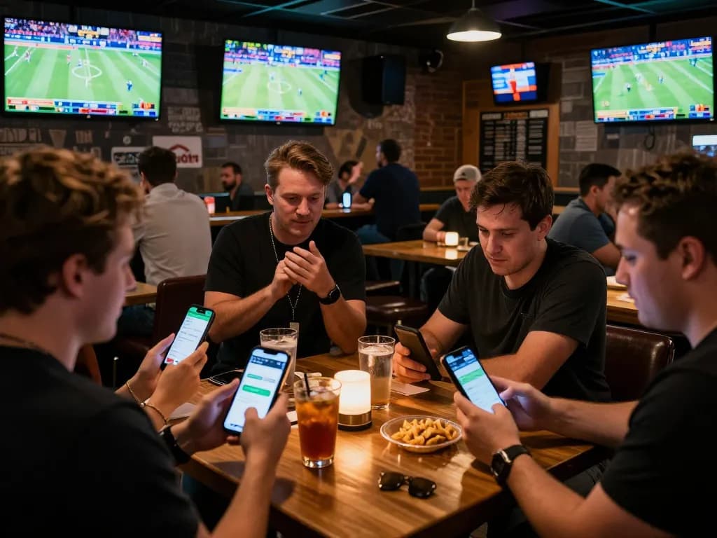 Fans placing bets on sports events using their mobile app at a lively bar, experiencing 789win excitement.