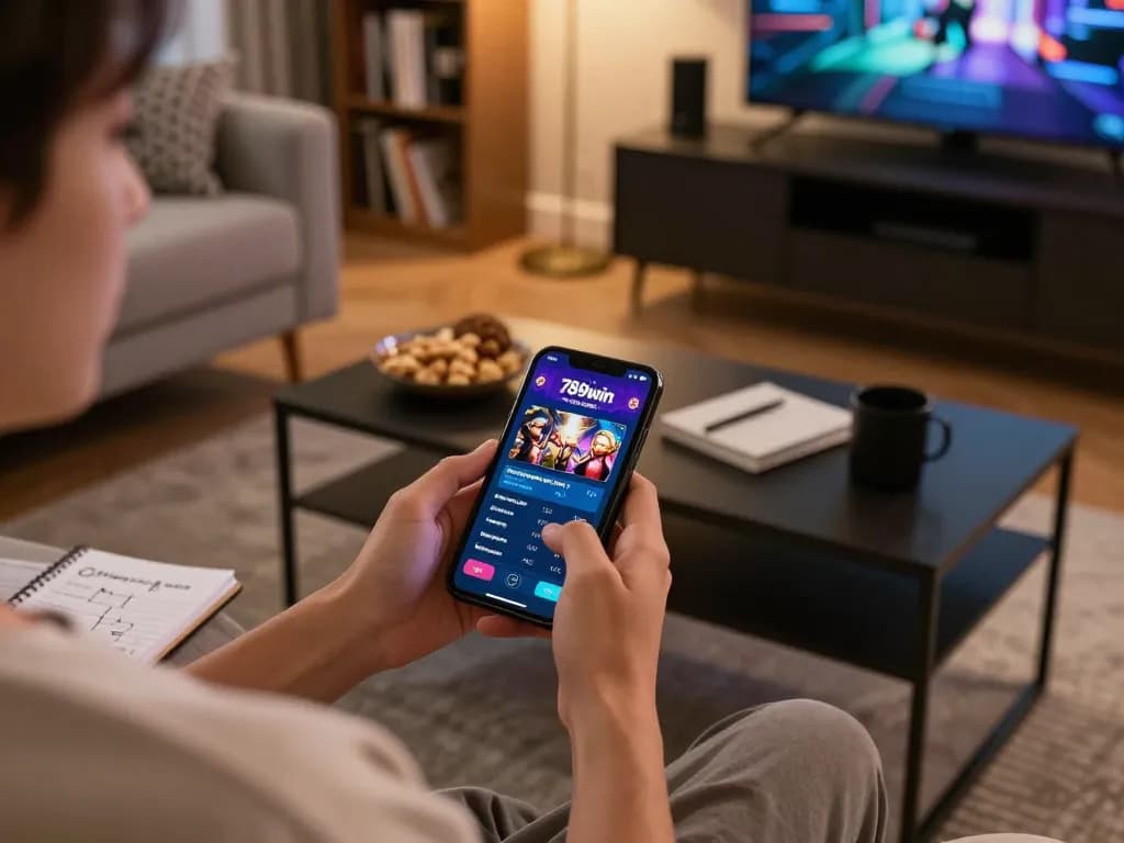 Engaging with the 789win casino app on a smartphone in a cozy home gaming setup.
