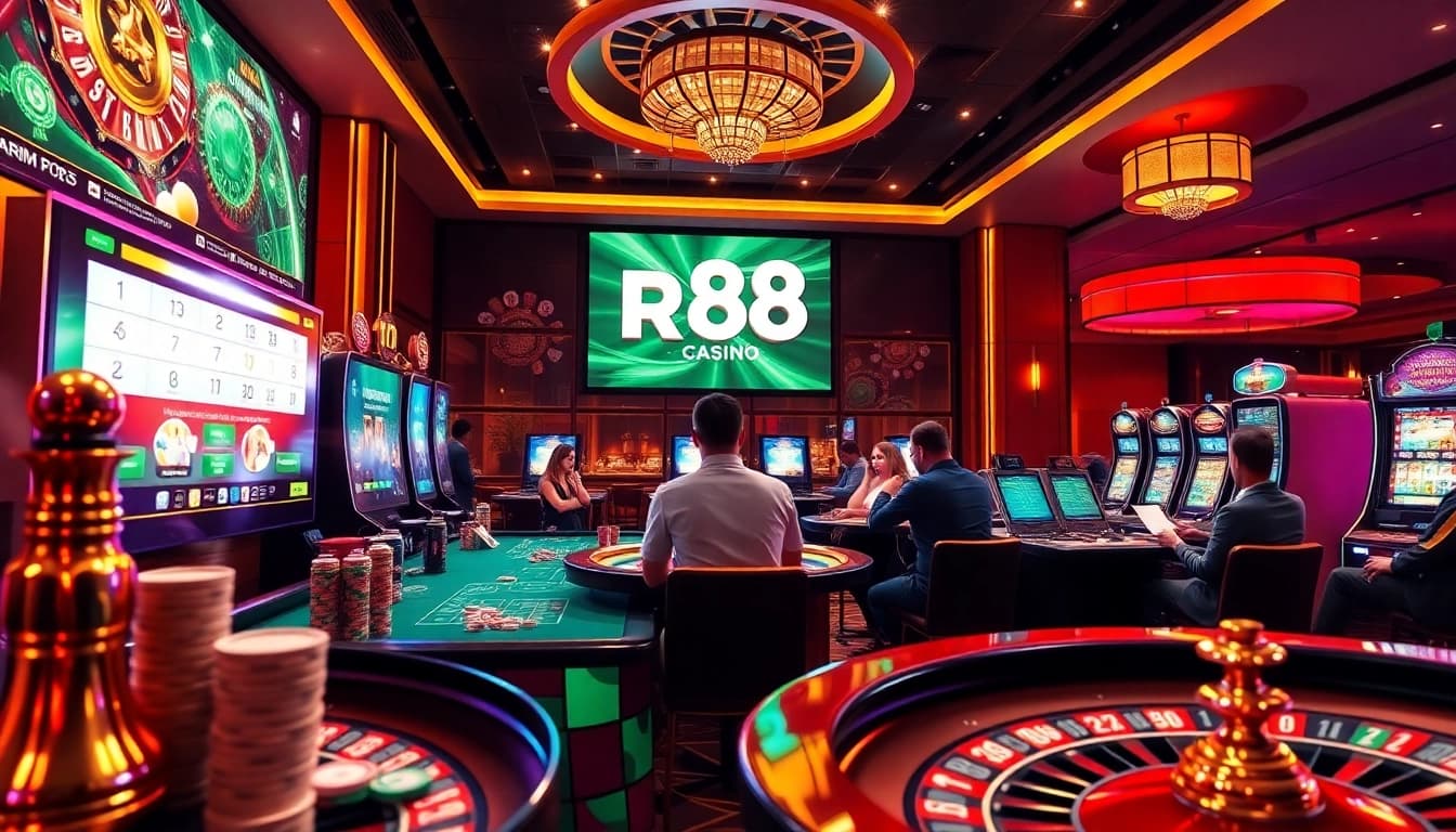 Engage in thrilling gameplay at https://rr88.autos/ with vibrant casino visuals highlighting poker chips and roulette wheels.