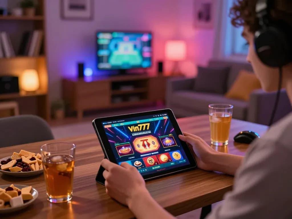 Engaging with vin777 online casino on a tablet in a lively home setting