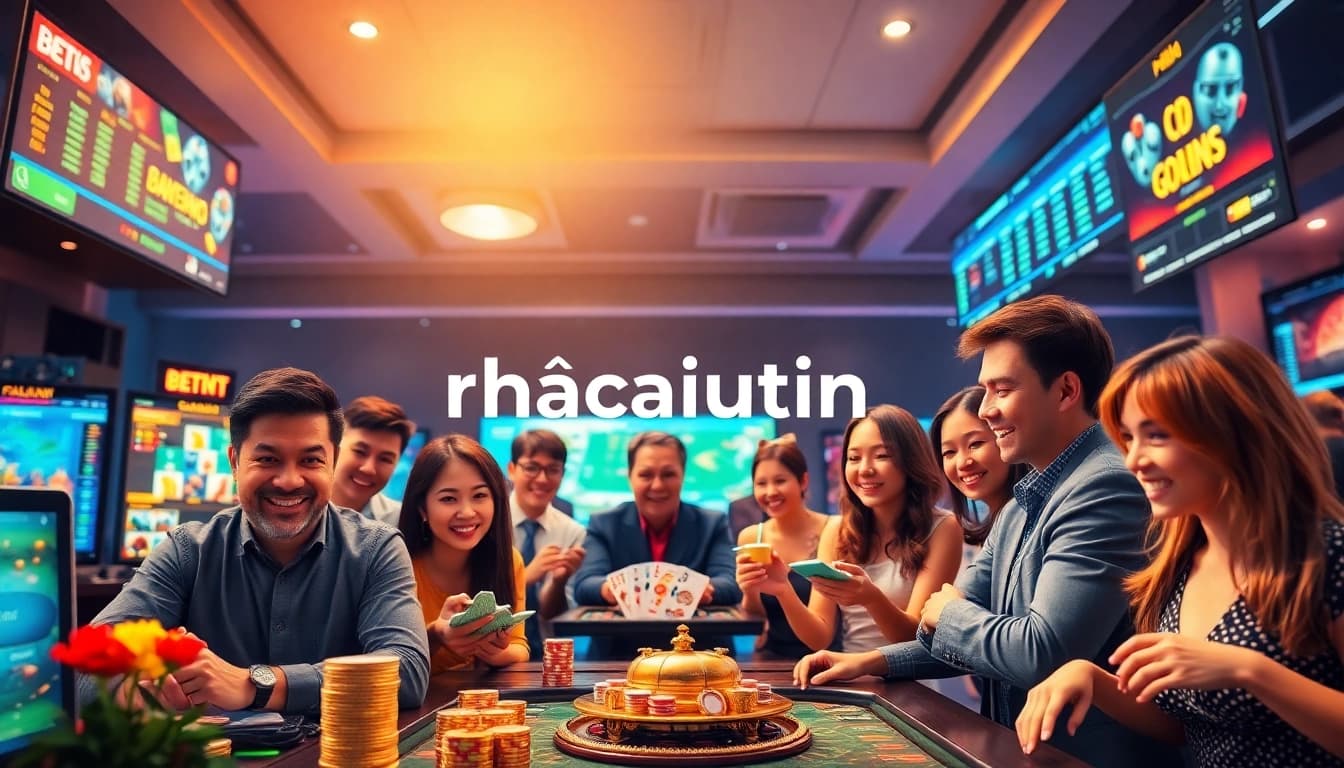 Experience the excitement of nhacaiuytin with diverse players enjoying online betting games in a vibrant, modern setting.