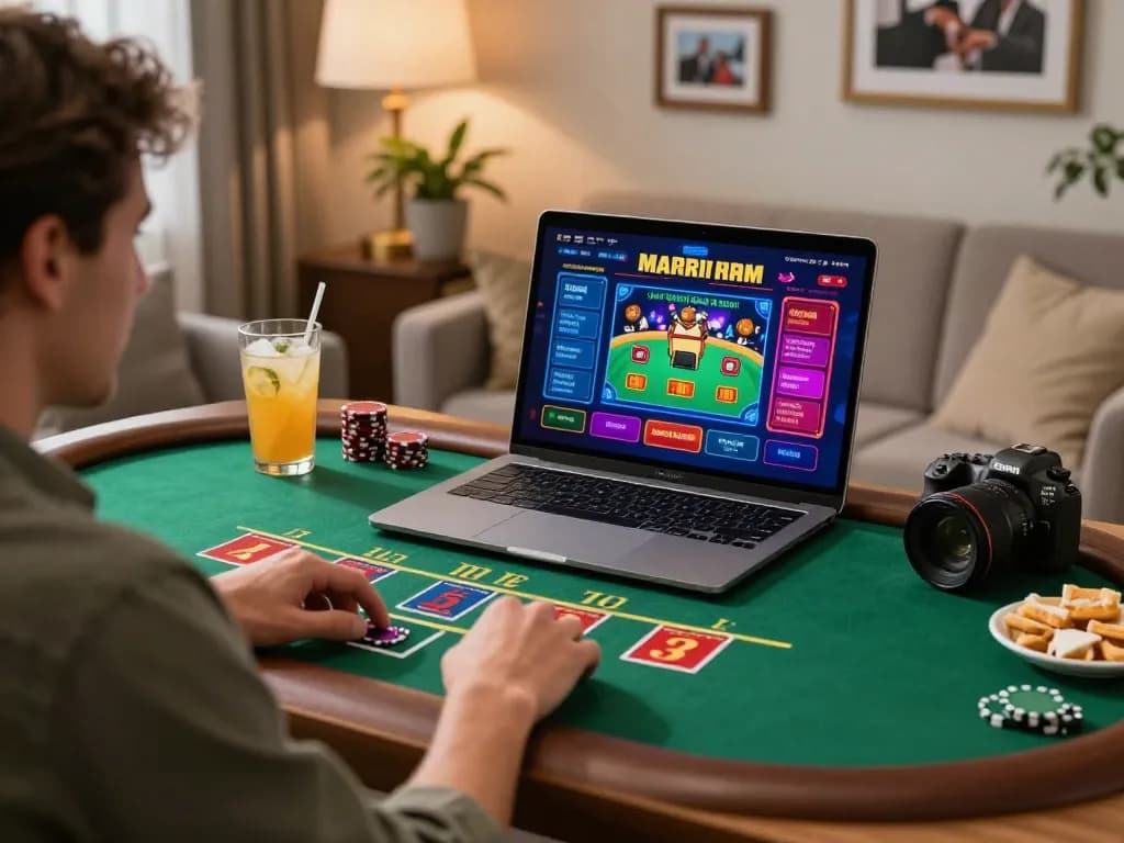 Player engaging with llwin live dealer blackjack game on laptop in a cozy environment.