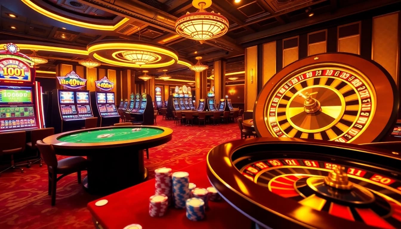 Exciting online gambling scene at https://bem88v.com/ featuring poker tables, slot machines, and roulette.