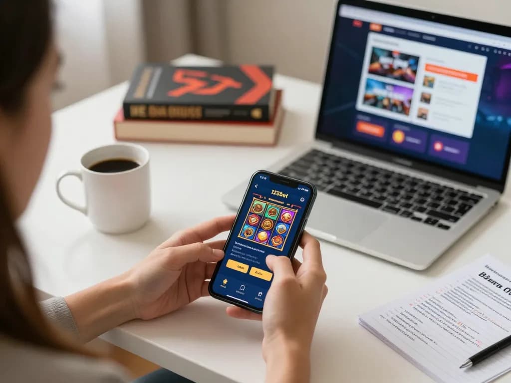 Playing the 123bet app on a smartphone in a cozy home setting, showcasing responsible gambling.