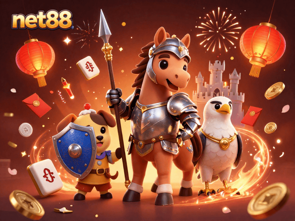 Engage in the game with net88's lively casino illustration featuring a knight, squire puppy, and falcon.