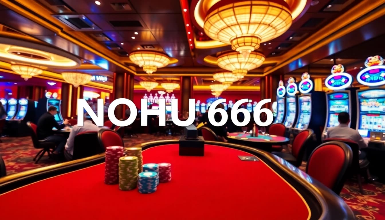 Engaging scene of NOHU666 online casino showcasing vibrant slot machines and poker tables.