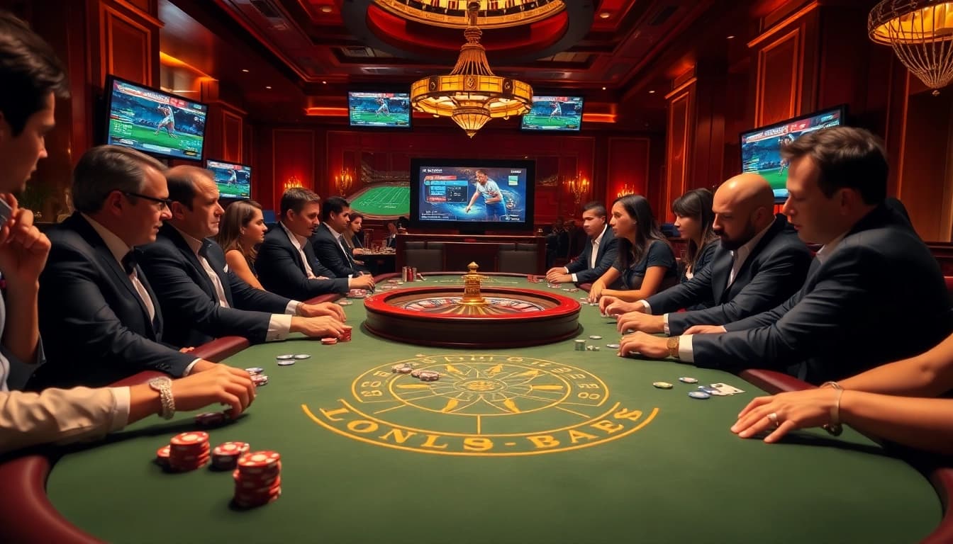 Experience thrilling poker action with vaoluoitv amidst luxury casino elegance.