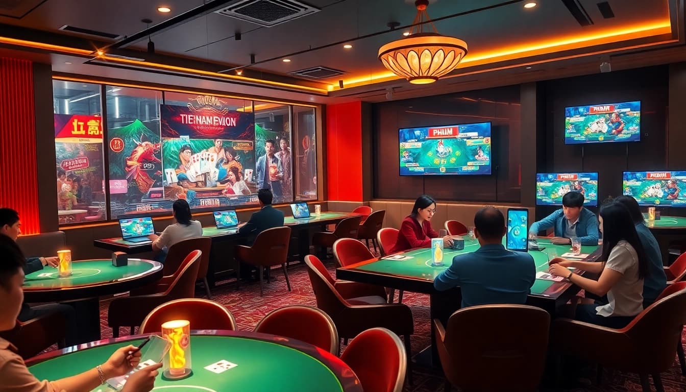 Exciting gaming scene featuring virtual Tiến Lên and Phỏm games on gamebaidoithuong.com.vc, showcasing vibrant players.