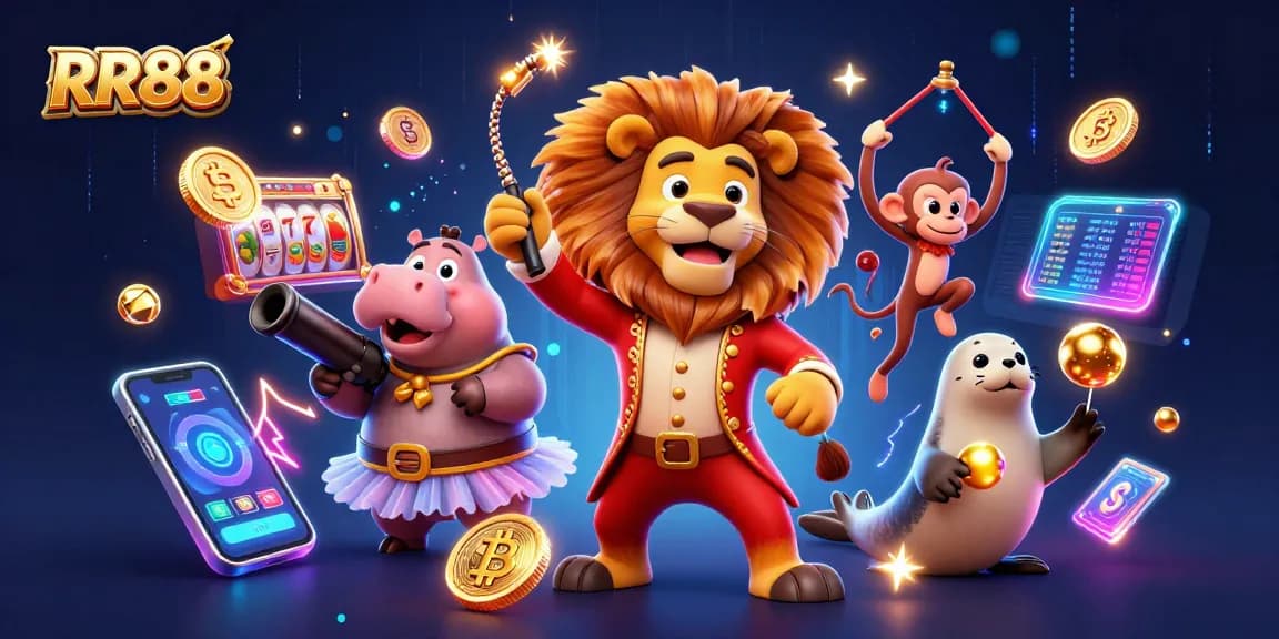 Experience the excitement at RR88 with thrilling circus characters playing dynamic casino games.