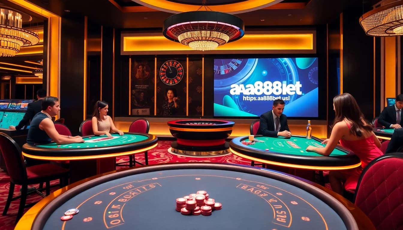 Exciting casino scene at https://aa888bet.us/ featuring glamorous players and vibrant gambling action.