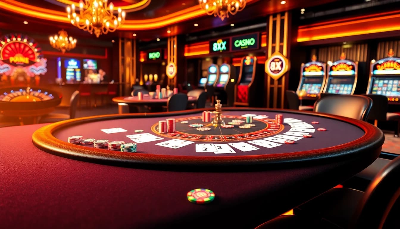 Engage with immersive online gambling experiences at 8XX, featuring a vibrant poker table and roulette wheel.