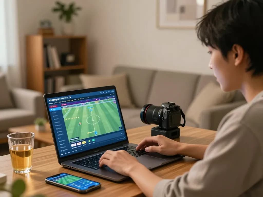 Lương Sơn TV live streaming displayed on laptop, person engaged in responsible sports betting at home.