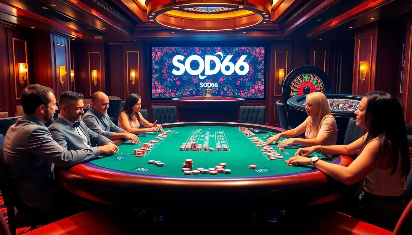 SODO66 poker table filled with colorful chips and eager players in an upscale casino atmosphere.