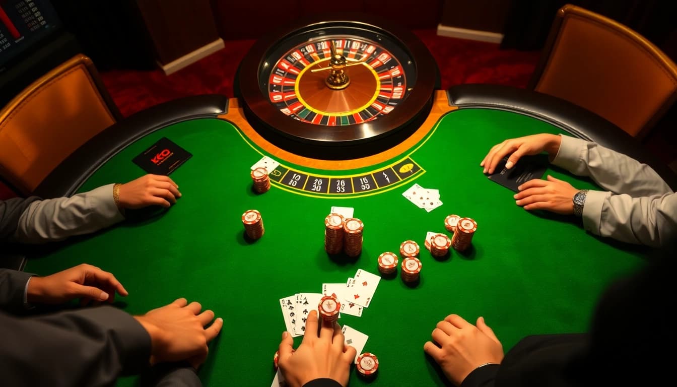 Kèo Nhà Cái betting action at a luxurious poker table with vibrant chips and roulette.