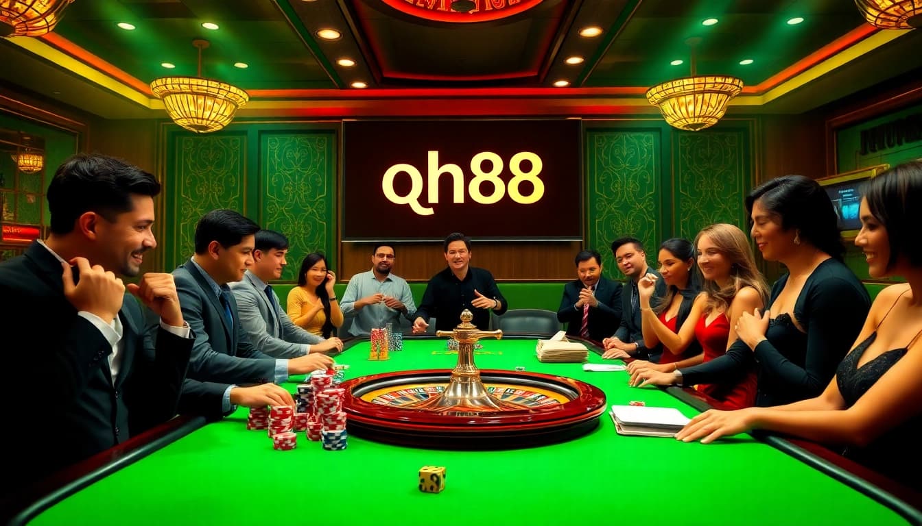 Engaged players at a qh88 casino table featuring vibrant chips and a roulette wheel.